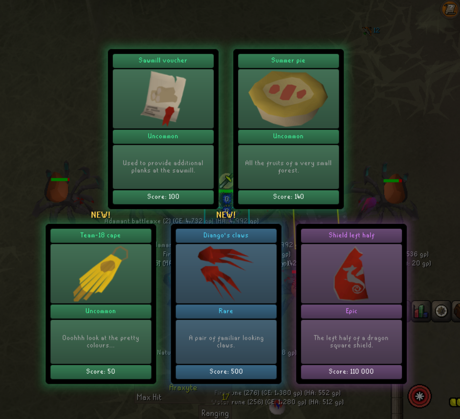 A five-card pack opening from the OSRS TCG plugin, showing Sawmill voucher, Summer pie, Team-18 cape, Diango's claws, and Shield left half